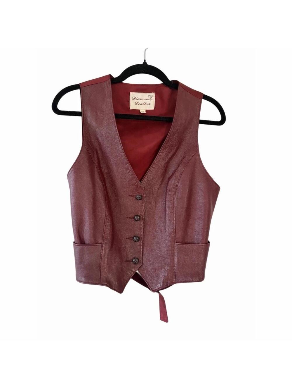 Vintage Diamonds Leather Vest Womens Size S Burgundy Button Front Tie Back
